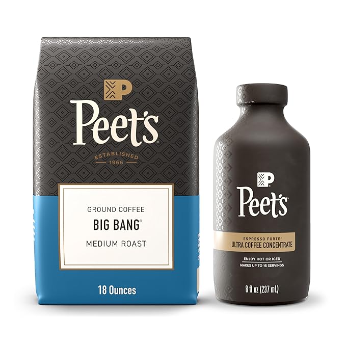 Bundle of Peet's Coffee Ultra Coffee Concentrate Cold Brew or Iced Coffee - Espresso Forte 8 Fluid Ounce Bottle (16 Servings) + Peet's Coffee Medium Roast Ground Coffee - Big Bang 18 Ounce Bag