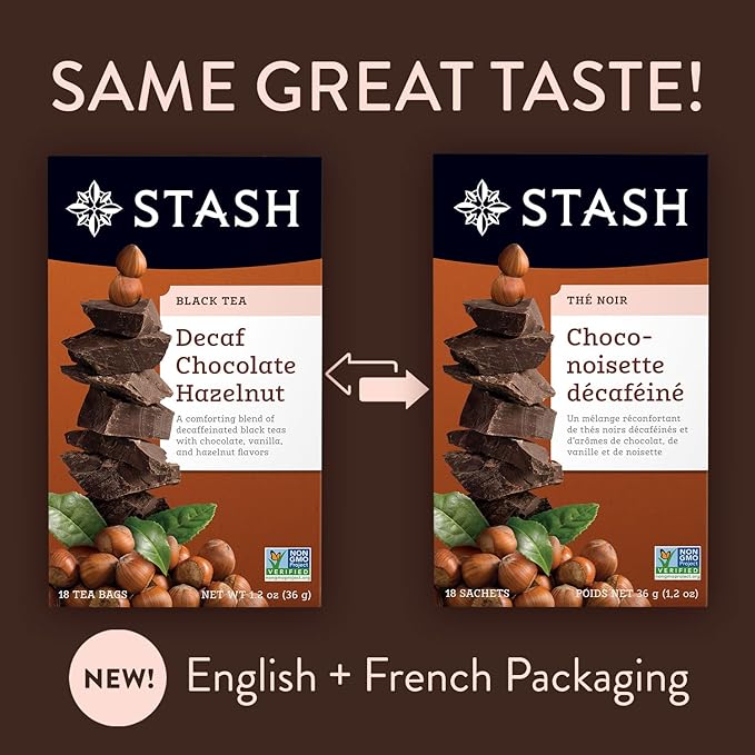 Stash Tea Decaf Chocolate Hazelnut Black Tea - Decaf Non-GMO Project Verified Premium Tea with No Artificial Ingredients 18 Count (Pack of 6) - 108 Bags Total