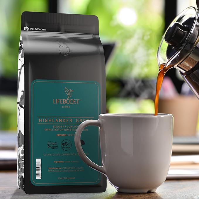 Lifeboost Highlander Grogg Coffee Ground - Low Acid Single Origin Flavored Coffee - Non-GMO Highlander Grogg Ground Coffee Third Party Tested For Mycotoxins &amp Pesticides - 12 Ounces