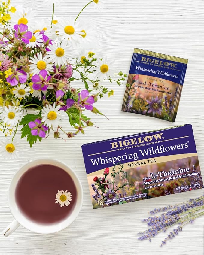 Bigelow Whispering Wildflowers Herbal Tea Plus L-Theanine Supports Stress Relief &amp Relaxation Caffeine-Free Kosher Gluten Free &amp Non-GMO 18 Tea Bags 0.9 Ounce (Pack of 6)
