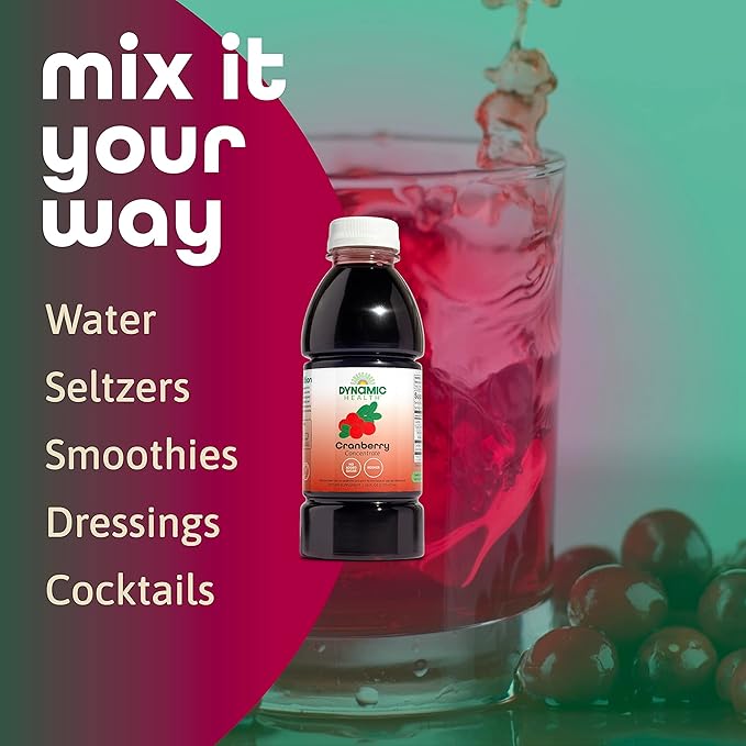Dynamic Health Pure Cranberry Unsweetened 100% Juice Concentrate Natural Antioxidant Supplement No Additives No Added Sugar No Preservatives 16 Servings 16oz