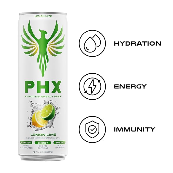 PHX Hydration Energy Drink - 700mg Electrolytes 200mg Natural Green Tea Caffeine 100% Daily Value 8 Essential Vitamins - 12 oz Cans (12 Pack) (12 Pack Lemon Lime)