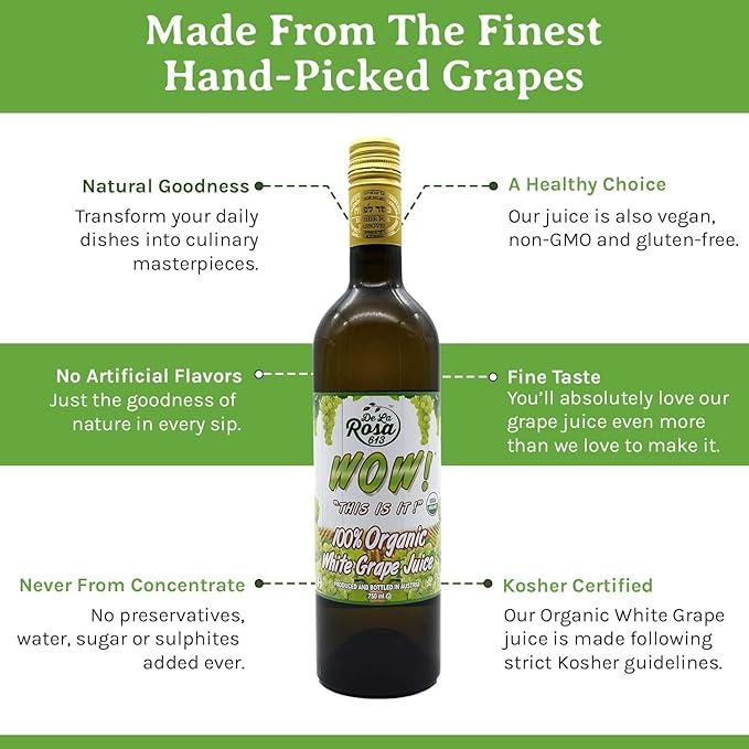 De La Rosa Organic White Grape Juice Kosher Non-GMO &amp Gluten Free Austrian White Grape Juice No Preservatives or Sulfites No Water Added 25.4 Oz Glass Bottle (Pack of 2)