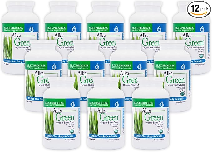 Alka•Green Tablets (12 Pack) Best Process Alkaline — Nutrient Dense Organic Barley Grass Supplement — Natural Source of Enzymes &amp Amino Acids
