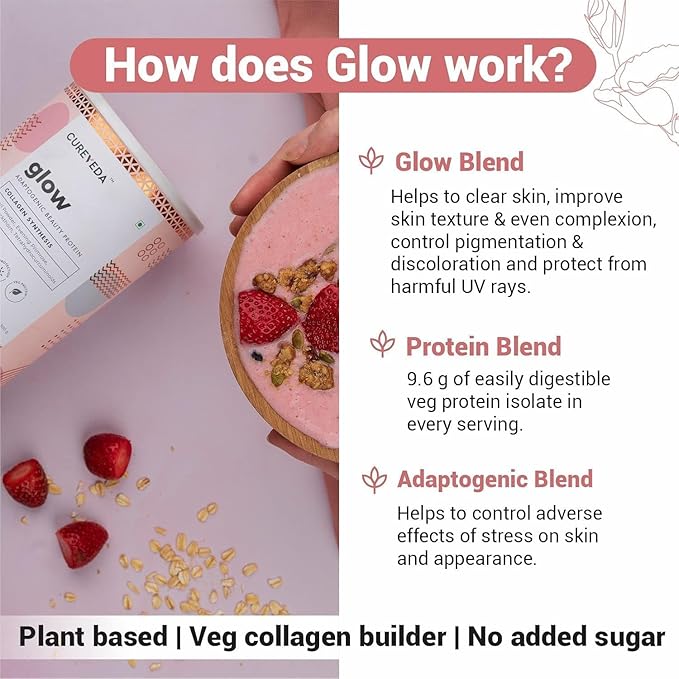 Collagen_Builder Glow Powder for Brighter &amp Youthful Skin Plant-Based Supplement with Rose Water Veg Beauty Protein Evening Primrose 100IU No Added Sugar 300gm for Men and Women