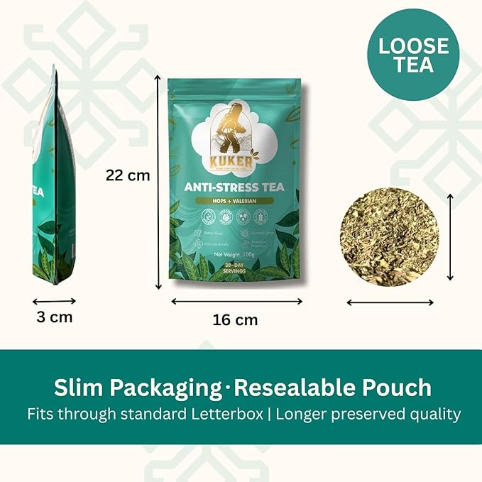 KUKER Anti-Stress Tea 100g Loose Leaf – Calming Herbal Tea with Chamomile Valerian Lavender &amp Lemon Balm – Natural Anxiety Relief &amp Sleep Support