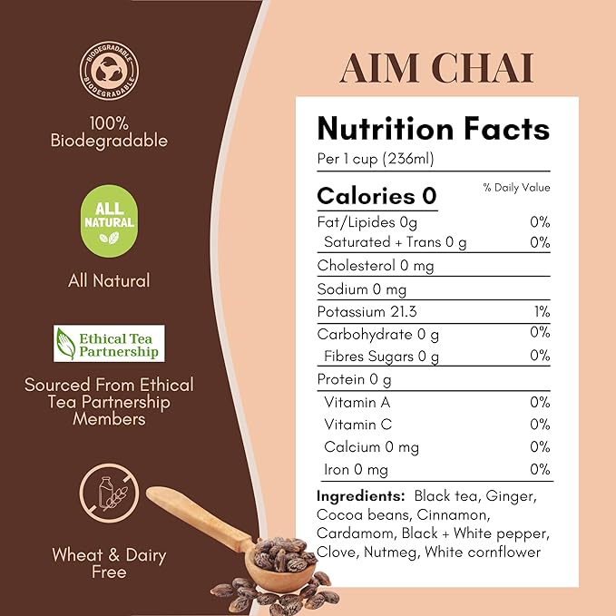 Tease Tea Loose Chai Tea - Aim Chai Organic Tea Organic Spiced Chai Caffeinated Herbal Tea Made with Black Tea Ginger Cocoa Beans and Nutmeg for an Energizing and Immunity Boosting Support