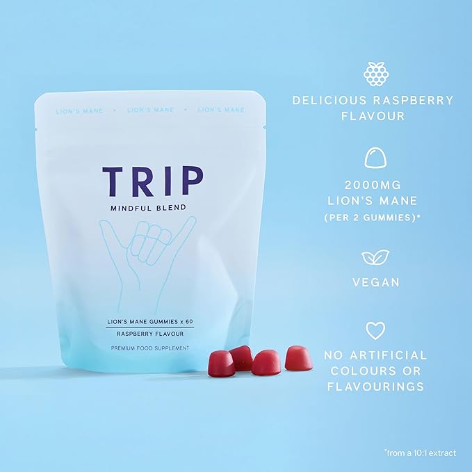 TRIP Lion’s Mane Gummies with 2000mg Lion’s Mane Mushrooms Extract Per Serving Vegan Naturally Flavored On the Go Chewable Gummy Delicious Raspberry Flavor 1 Bag 60 Count