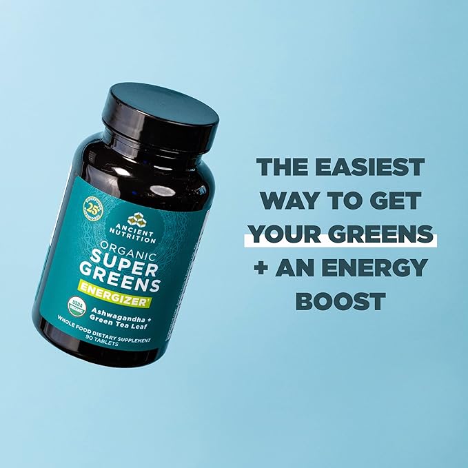 Ancient Nutrition Supergreens Energizer Tablets Organic Superfood Tablets with Caffeine Made from Real Fruits Vegetables and Herbs for Digestive and Energy Support 90 Count
