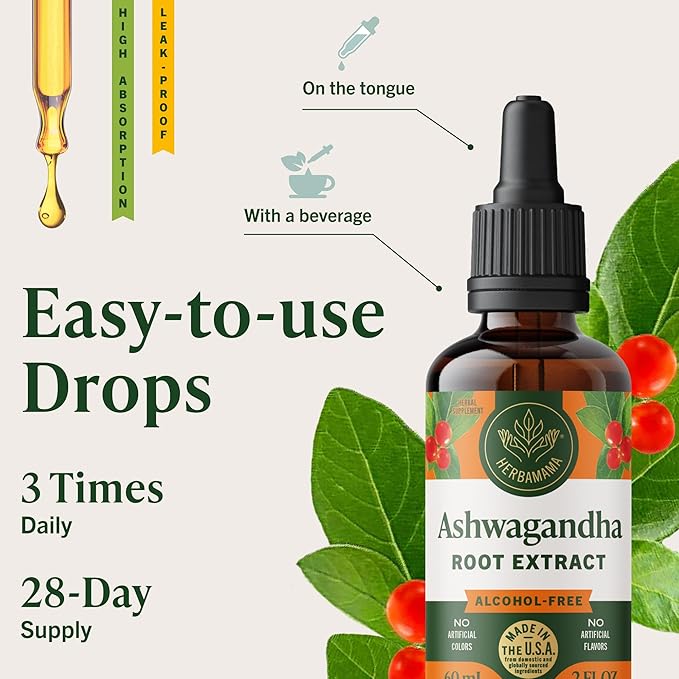 HERBAMAMA Ashwagandha Liquid Drops - Vegan Ashwagandha Root Extract for Calm &amp Mood Support - Non-GMO Alcohol &amp Sugar-Free Calming Supplement for Adults 28-Day Supply