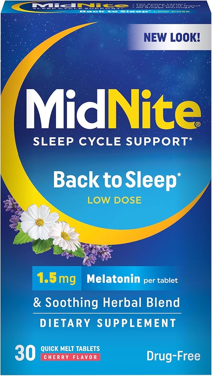 MidNite Time Release 6mg Melatonin 30 Tablets &amp Back to Sleep 1.5mg Melatonin 30 Cherry Flavored Chewable Tablets Sleep Aid Bundle