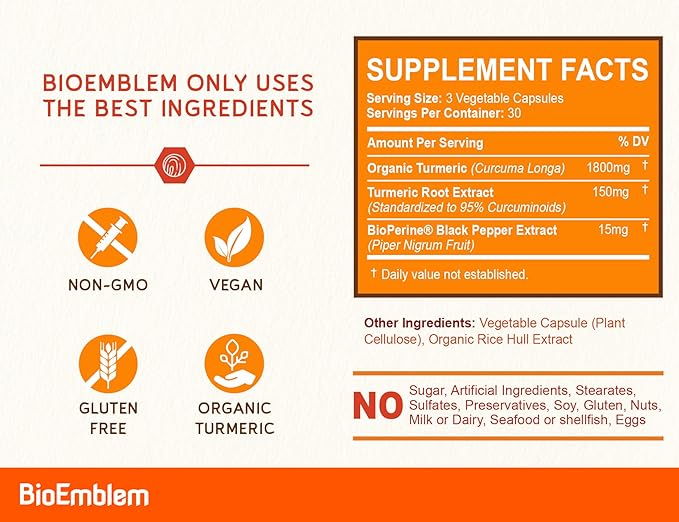 BioEmblem Turmeric Curcumin Supplement with BioPerine | Joint Support &amp Heart Health | with Organic Turmeric Powder &amp 95% Curcuminoids Extract | California Made Non-GMO 30-Day Supply