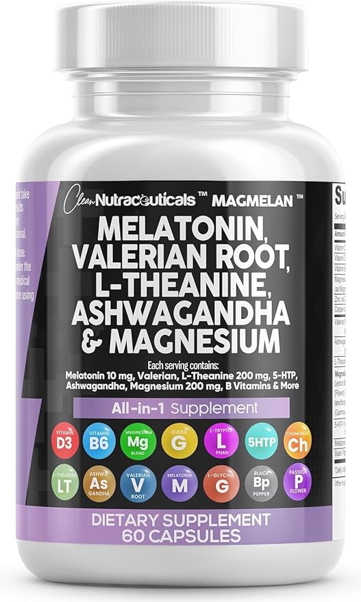 Clean Nutraceuticals Melatonin 10mg Valerian Root L Theanine 200mg Ashwagandha - Sleep Support for Women &amp Men with Magnesium Complex Lemon Balm Chamomile &amp Passion Flower - 60 Caps