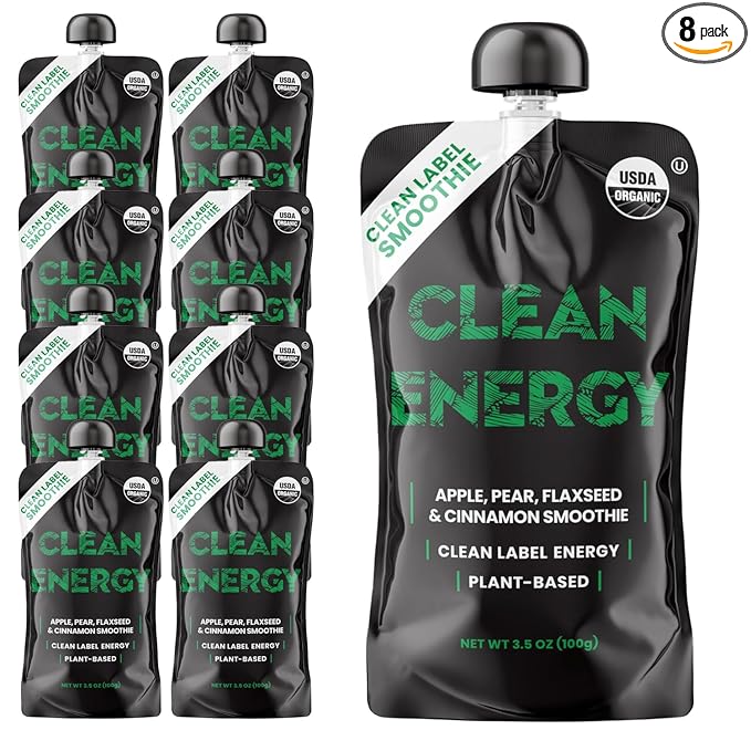Clean Label Organic Fruit Smoothie Sports Pouches - Healthy Nutrition Drinks Gluten Free Caffeine Free Vegan Kosher Convenient Snacks - Apple Pear Cinnamon &amp Flaxseed Smoothie - 8 Pack