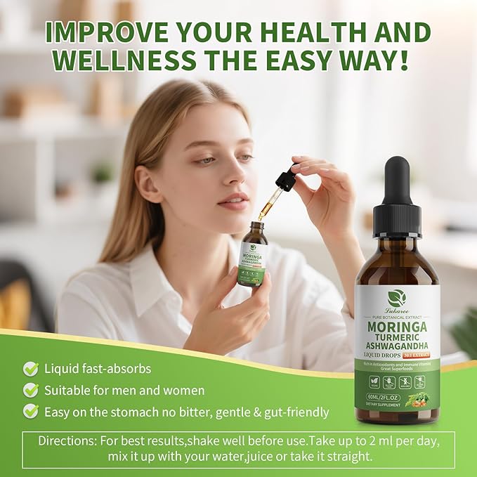 12-in-1 Organic Moringa Drops with Ashwagandha Turmeric Quercetin Lipsomal 98% Absorption &amp 30:1 Extract for Energy Immune Joint Digestive Metabolism Vegan Non-GMO More Potency Than Moringa Pow