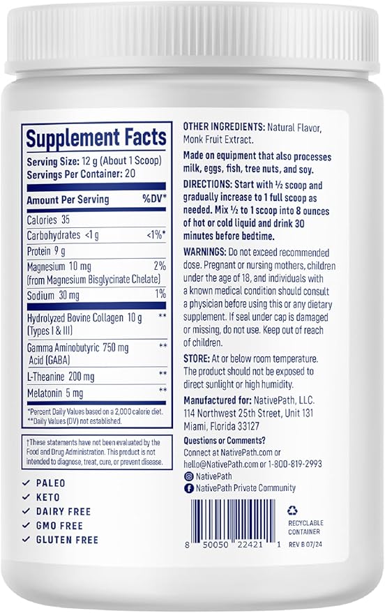 NativePath Collagen PM - Honey Chamomile Nighttime Collagen Peptides Powder with Magnesium GABA L-Theanine and Melatonin - 20 Servings