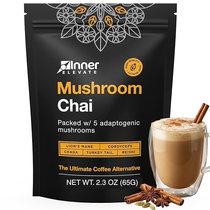 Inner Elevate Superfood Mushroom Chai - Ultimate Coffee Alternative - Adaptogenic Mushroom Tea Drink with Lion's Mane Cordyceps Chaga Reishi Turkey Tail (35 Servings)
