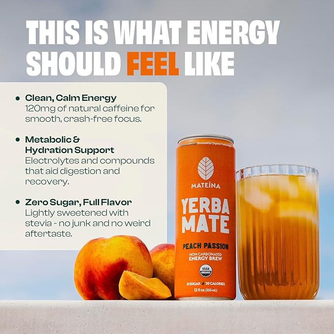 Mateina Yerba Mate Zero Sugar Energy Drink – 120mg Natural Caffeine – Organic Non-GMO Non-Carbonated – Dr. Andrew Huberman Recommended – (12 fl oz Cans 12 Pack) Peach Passion