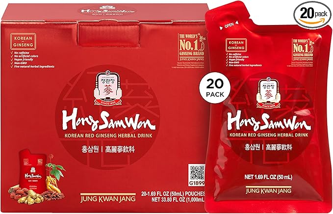 JUNG KWAN JANG Hong Sam Won Korean Red Ginseng Drink | Energy Drink Pre Workout Herbal Tea Ginseng Supplement | Jujube Ginger Cinnamon Goji Berry | Vegan Friendly (20 Count)