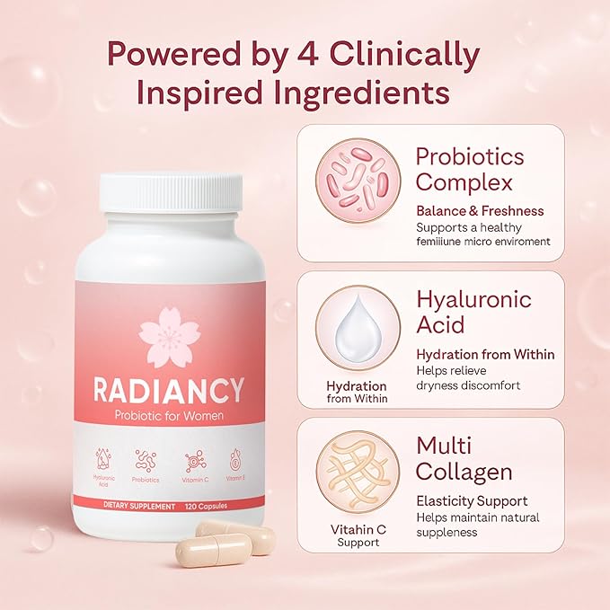 Radiancy Probiotic for Women Daily Supplement with Multi-Collagen Hyaluronic Acid Prebiotics Vitamin C - 120 Count (1)