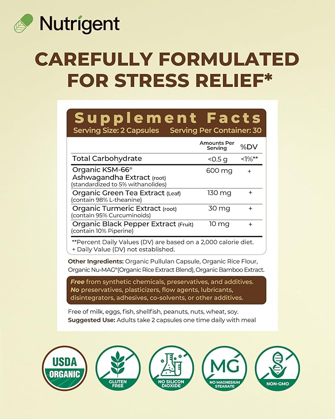 USDA Organic KSM-66 Ashwagandha 600mg with Organic L-Theanine Turmeric &amp Black Pepper Supports Calm Focus Relaxation &amp Overall Well-Being 60 Capsules