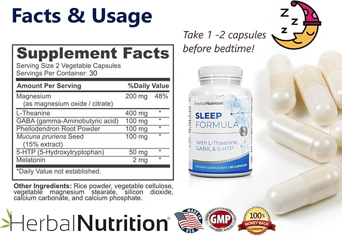 Herbal Nutrition Sleep Support Supplement Sleep Formula is a Multi-Ingredient Sleep Supplement with Melatonin GABA L-Theanine and More Sleep Like You are on Cloud 9! One 60 Ct Bottle