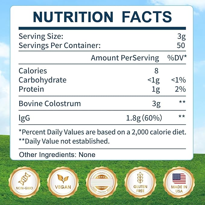 Grass-Fed Bovine Colostrum Supplement Powder - 60% High IgG 3000 mg for Gut Health Immune Support - Easy to Mix Natural Liposomal Colostrum Superfood Unflavored 50 Servings