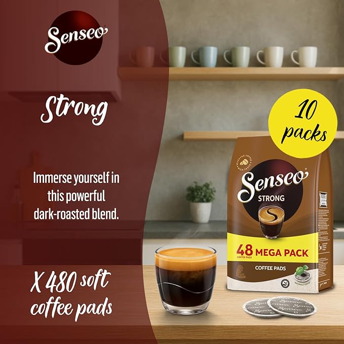 Senseo Strong Dark Roast Coffee Pods 48 Count (Pack of 10) - Single Serve Coffee Pods Bulk Pack for Senseo Coffee Machine - Compostable Coffee Pods for Hot or Iced Coffee Cold Brew Coffee
