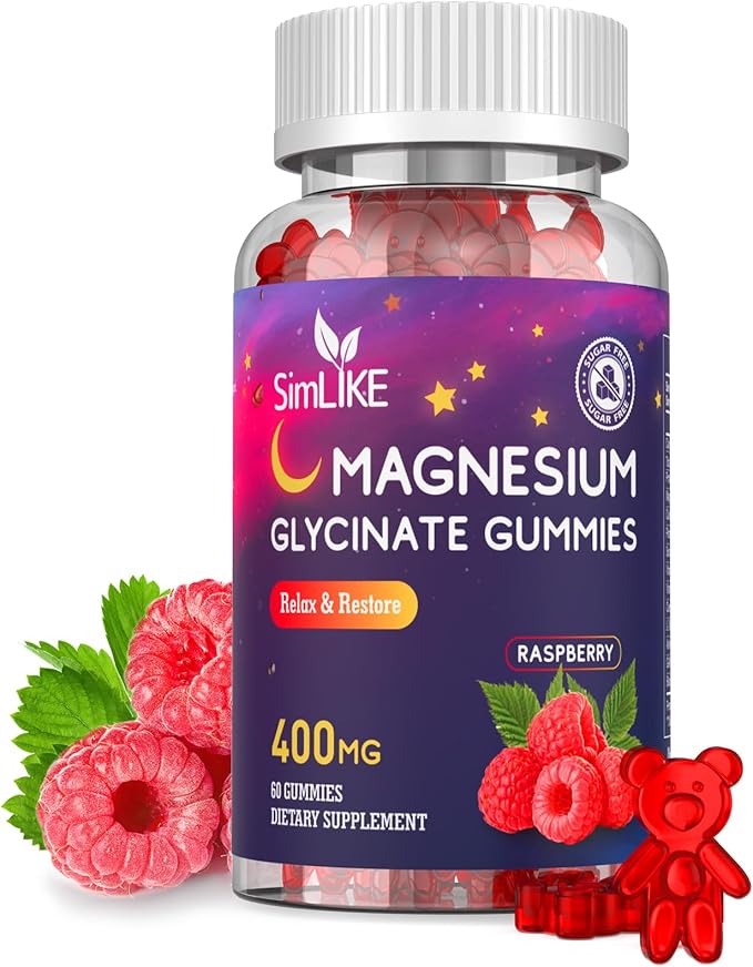 Magnesium Glycinate Gummies 400mg High Absorption Magnesium Gummies with L-Theanine Ashwagandha &amp GABA for Relaxation Stress Relief &amp Sleep Sugar Free Vegan 60 Raspberry
