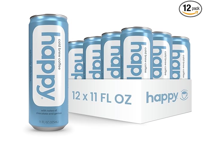 happy coffee cold brew 11 oz. cans 12 pack notes of chocolate &amp genius 100% arabica beans no artificial flavors or sweeteners