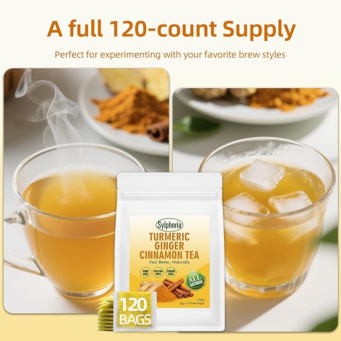 120 Bags Premium Turmeric Ginger Cinnamon Tea Bags Premium Natural Ingredients Turmeric Ginger Herbal Blend with Cinnamon No Sugar Caffeine-FreeTurmeric Ginger Cinnamon Tea（1Pack/120Bags）
