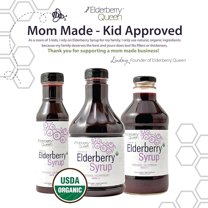 Elderberry Queen Organic Elderberry Syrup 12 Fl Oz - Immune Support Formula with Sambucus Black Elderberry &amp Aronia Berry - Pure Natural Certified Organic Elderberry Syrup for Kids and Adults