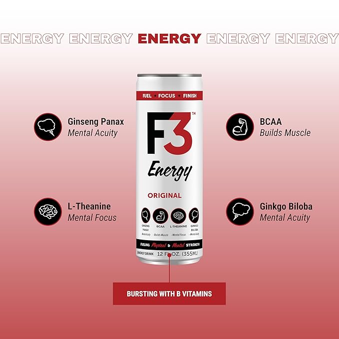 F3 Energy Original Energy Drink - Muscle Building Sports Drinks w/BCAA Panax Ginseng &amp Ginkgo Biloba - Natural Energy Drinks for Mental Focus &amp Muscle Recovery 125 mg Caffeine (12 pack)