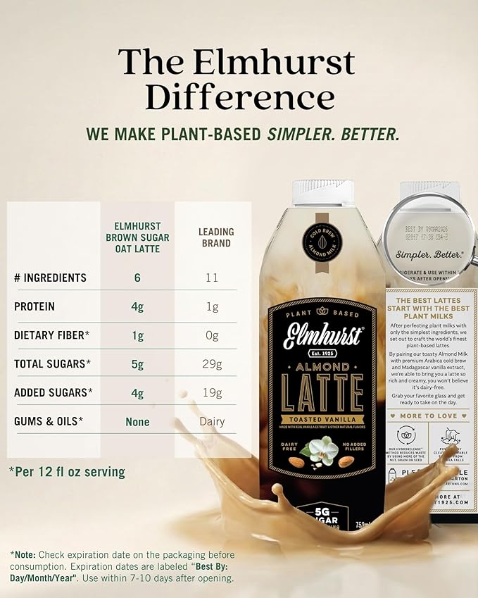 Elmhurst 1925 Toasted Almond Vanilla Latte – Plant-Based Vegan Dairy-Free Plant Milk Latte Made of Cold Brew Premium Arabica with 95mg Caffeine &amp Madagascar Vanilla – 25.4oz (Pack of 6)