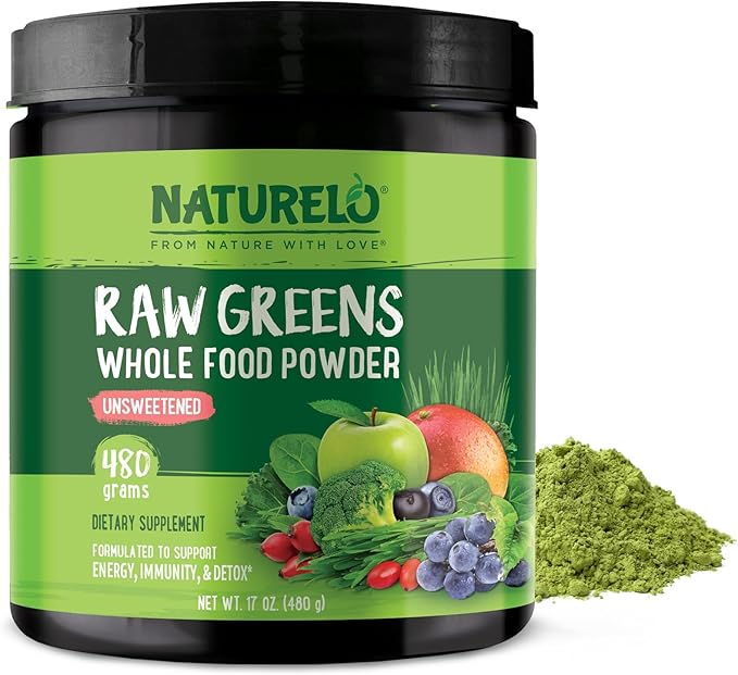 NATURELO Raw Greens Superfood Powder - Unsweetened - Boost Energy Detox Enhance Health - Organic Spirulina - Wheat Grass - Whole Food Nutrition from Fruits &amp Vegetables - 480 Grams