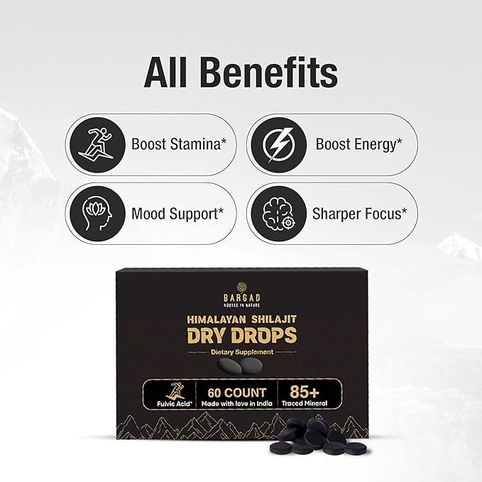 Shilajit Dry Drops | Natural Energy &amp Stamina | 100% Authentic Himalayan Shilajit Resin in Dry Form | Supports Vitality Focus &amp Detox | No Additives or Fillers | 60 Count