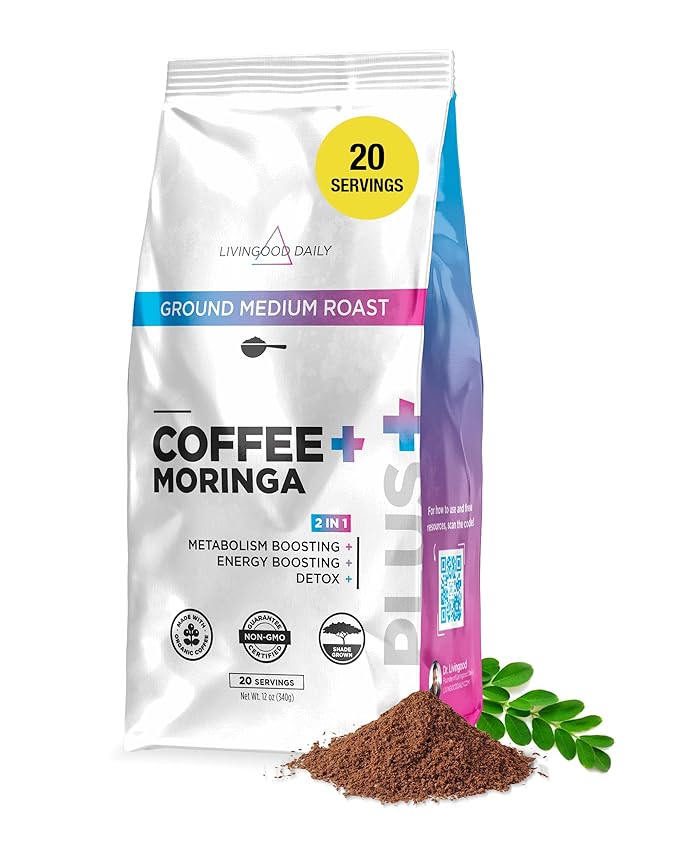 Livingood Daily Coffee with Moringa Ground Medium Roast Coffee with Plant Based Ingredients for Morning Energy Made with Moringa Powder Organic Non GMO Vegan Gluten Free 20 Servings 12 oz Bag