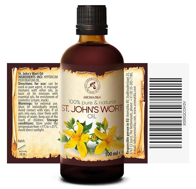 AROMATIKA St Johns Wort Infused Oil 3.4 Fl Oz - 100ml - Hypericum Perforatum - 100% Pure &amp Natural - St. John's Wort Oil for Intensive Care Face - Body - Skin - Hair - Massage - Great w/Essential