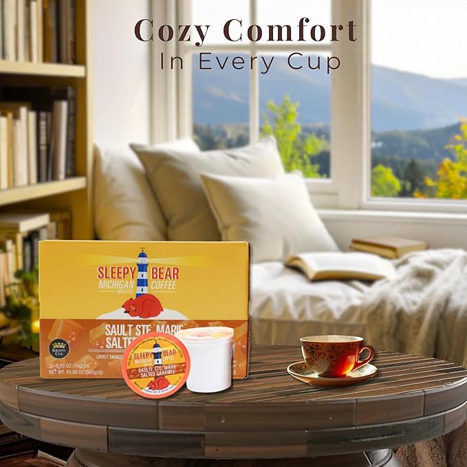 Sleepy Bear Coffee Pods Medium Roast Arabica Rich Flavor Michigan-Made Smooth &amp Sweet No Sugar Added 30ct Pods Compatible with Single-Serve Brewers (Sault Ste Marie Salted Caramel)