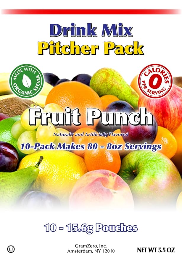 GramZero Fruit Punch Sugar Free Drink Mix Pitcher Pack Great For Nutrition Club Loaded Tea Zero Calorie Stevia Sweetened