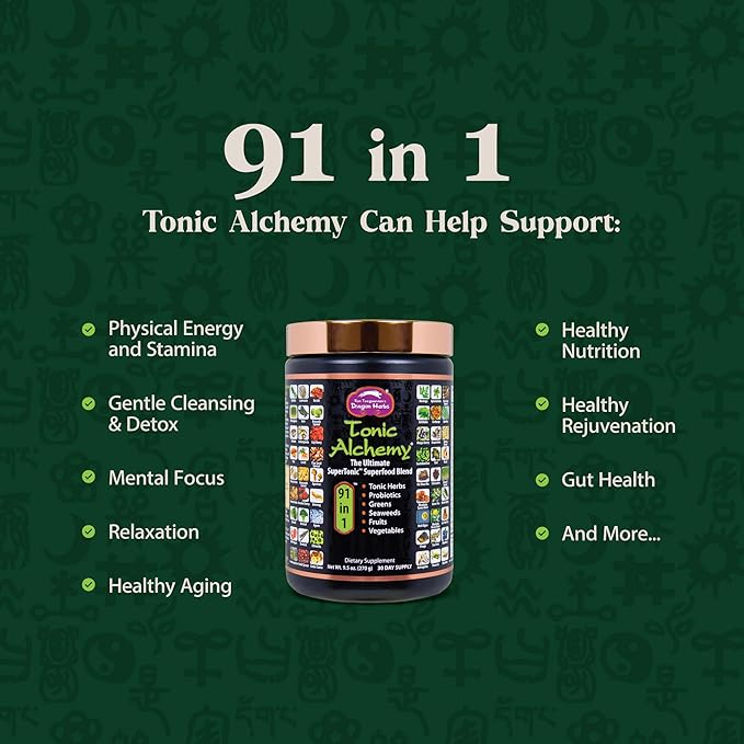 Dragon Herbs Tonic Alchemy Superfood Greens Powder with 91 Ingredients: Tonic Herbs Ashwagandha Mushrooms Probiotics Super Greens Seaweeds Fruits Vegetables Spirulina - 30 Servings