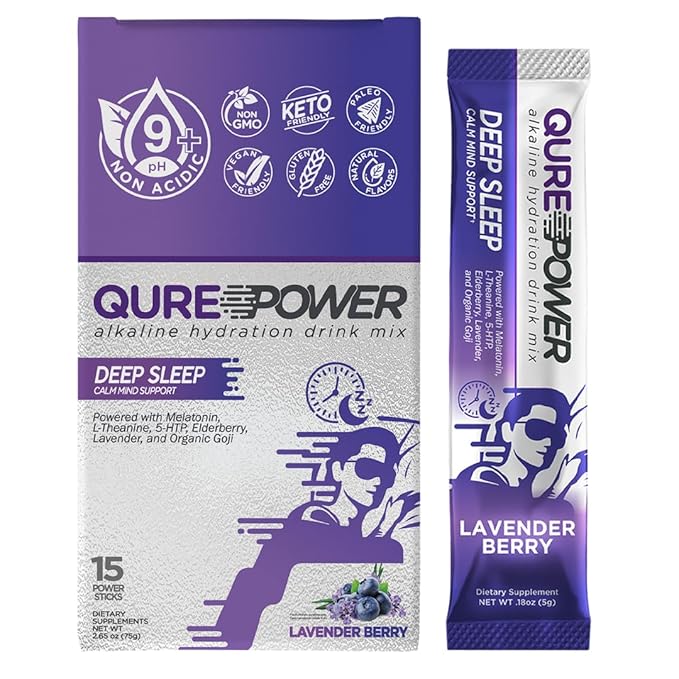 QURE Deep Sleep Aid Drink Mix w/ 5mg Melatonin &amp L-Theanine for Stress Relief | Non - Habit Forming Magnesium &amp 5 - HTP Powder | Alkaline Hydration | 15 Sticks (1 Box)