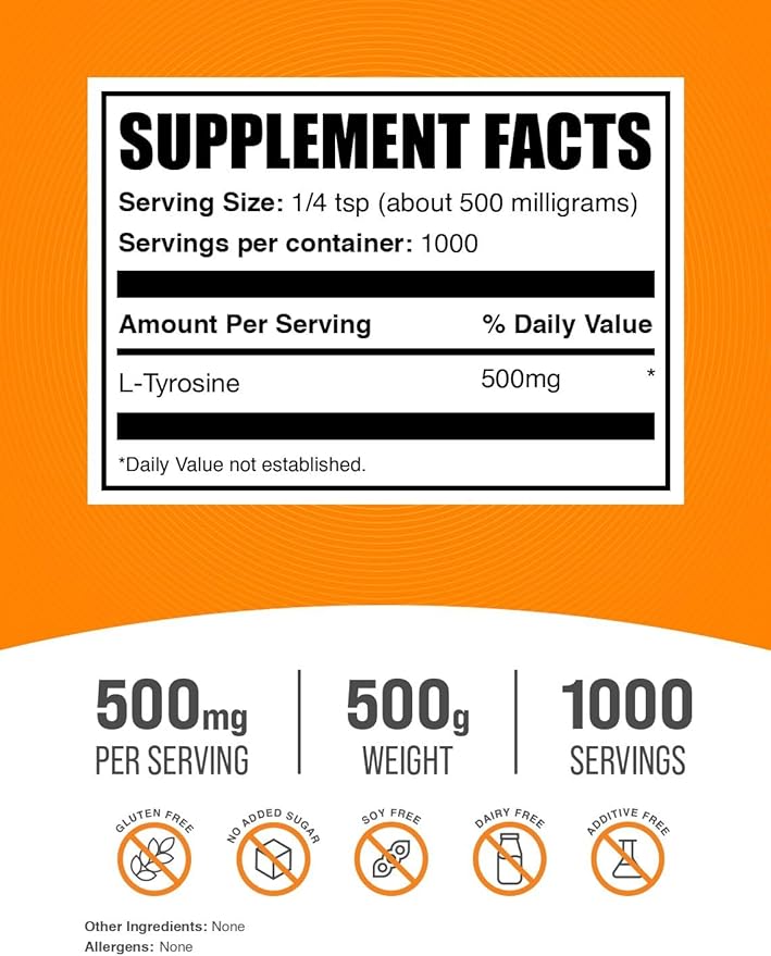 BulkSupplements.com L-Tyrosine Powder - Sports Nutrition Amino Acid Supplement - Unflavored &amp Gluten Free 500mg per Serving 500g (1.1 lbs) (Pack of 1)