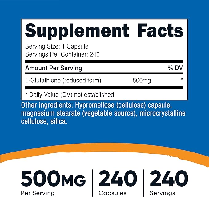 Nutricost Glutathione Capsules 500mg 240 Capsules - Gluten Free GMO Free