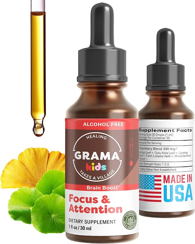 Grama Wellness - Focus &amp Attention Organic Kids Brain Vitamins &amp Cognitive Support Drops ADHD Supplement with Ginkgo Biloba Rhodiola Gotu Kola Licorice Root | Made in USA – 30 Servings