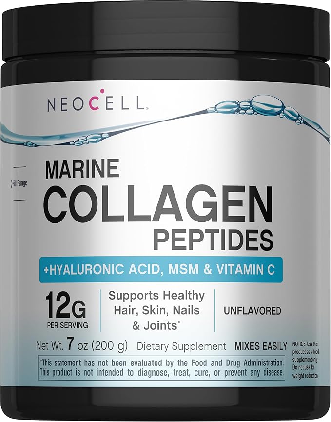 NeoCell Marine Collagen Peptides Powder | 7 oz | Unflavored Supplement | with Vitamin C and MSM | Plus Hyaluronic Acid | Prebiotic Fiber Beauty Blend | Hair Skin &amp Nails | for Women and Men