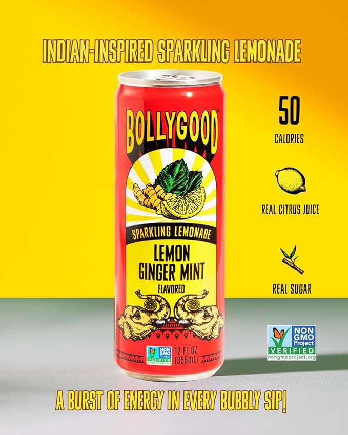 Bollygood Sparkling Lemonade Lemon Ginger Mint Indian Inspired Beverage Nimbu Pani No Artifical Colors or Flavors Non-GMO Project Verified12 FL OZ Cans (Pack of 12)