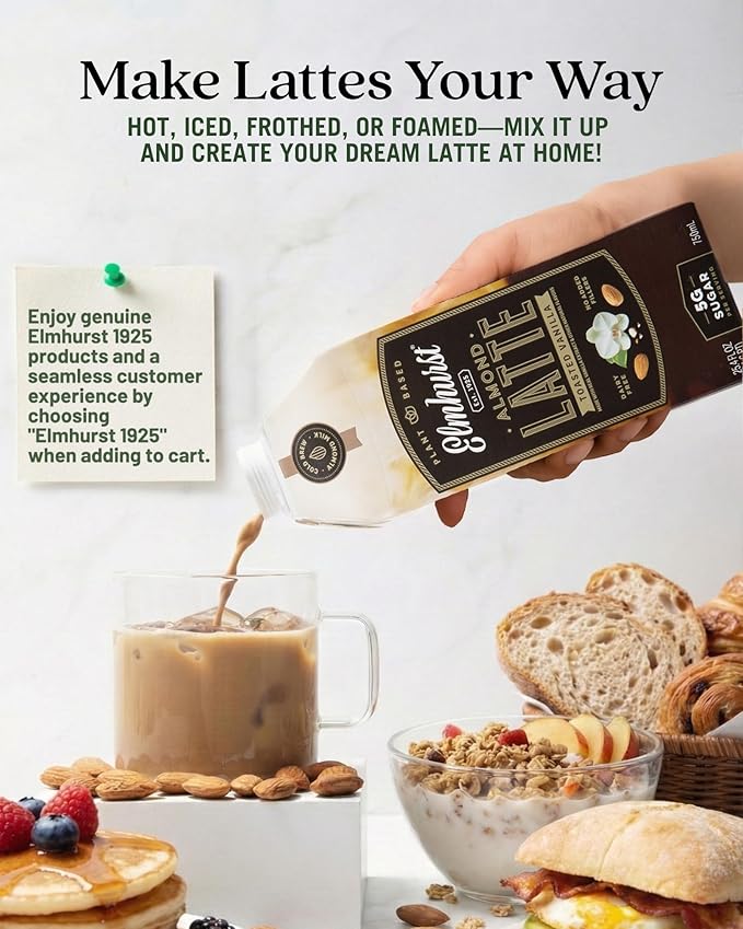 Elmhurst 1925 Toasted Almond Vanilla Latte – Plant-Based Vegan Dairy-Free Plant Milk Latte Made of Cold Brew Premium Arabica with 95mg Caffeine &amp Madagascar Vanilla – 25.4oz (Pack of 6)