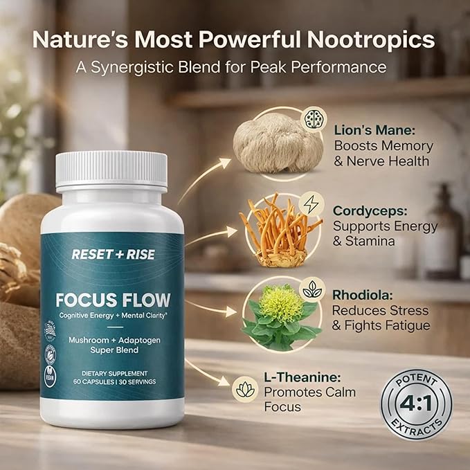 Nootropic Brain Supplement with Lion’s Mane Mushroom Cordyceps &amp Rhodiola Rosea Extract - Focus and Energy Supplement Adaptogen for Brain Health Mental Clarity Memory &amp Mood Support - 60 C