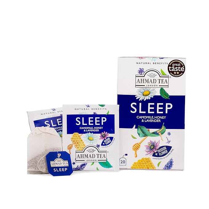 Ahmad Tea Herbal Tea Camomile Honey &amp Lavender 'Sleep' Natural Benefits Teabags 20 ct (Pack of 6) - Decaffeinated &amp Sugar-Free